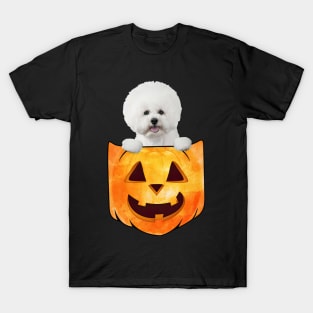 White Bichon Frise Dog In Pumpkin Pocket Halloween T-Shirt